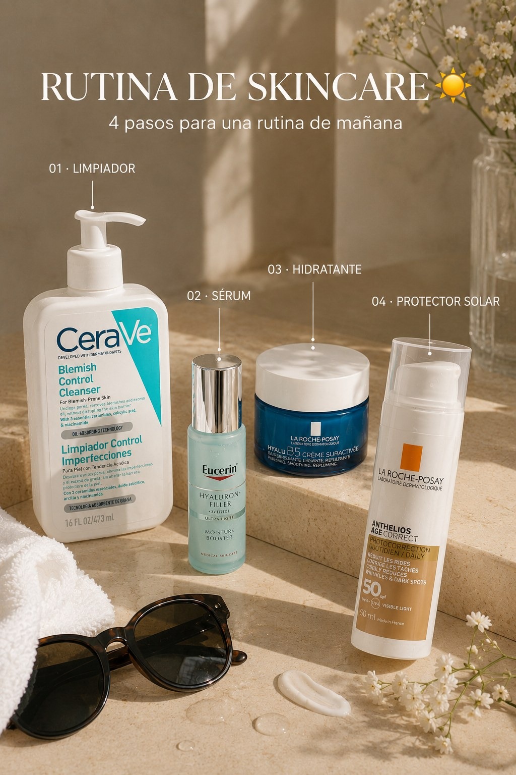 Rutina de skincare de mañana: limpiador, sérum, hidratante y protector solar